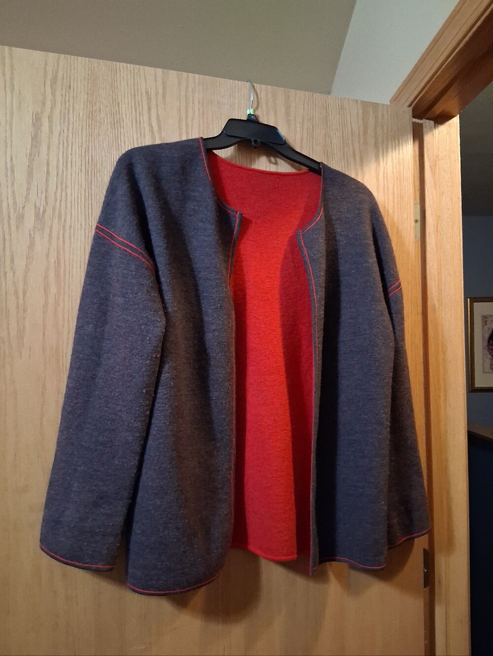 Reversible Open-Front Women's Cardigan Sweater Jacket in Charcoal and Red